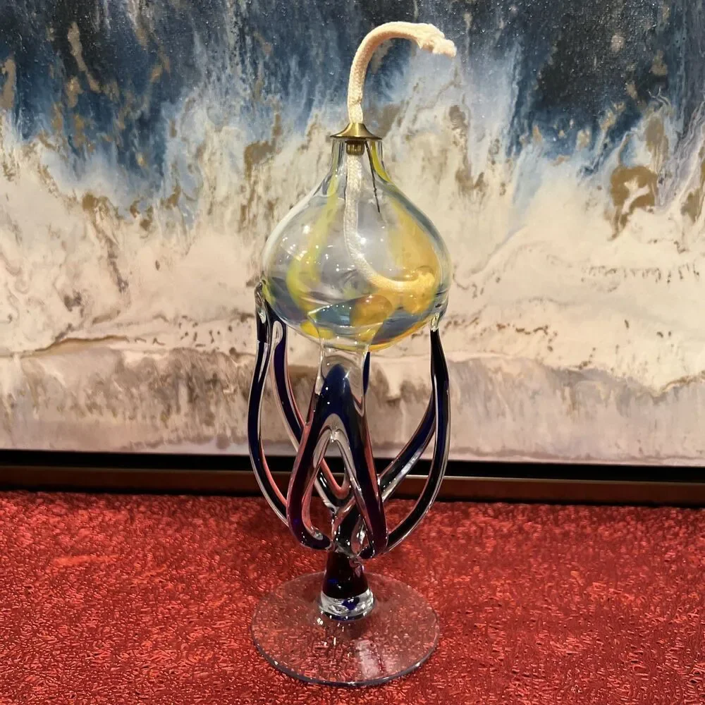 Handarbeit Mundgeblasen Blown Art Glass Small Oil Lamp Candle Holder Germany